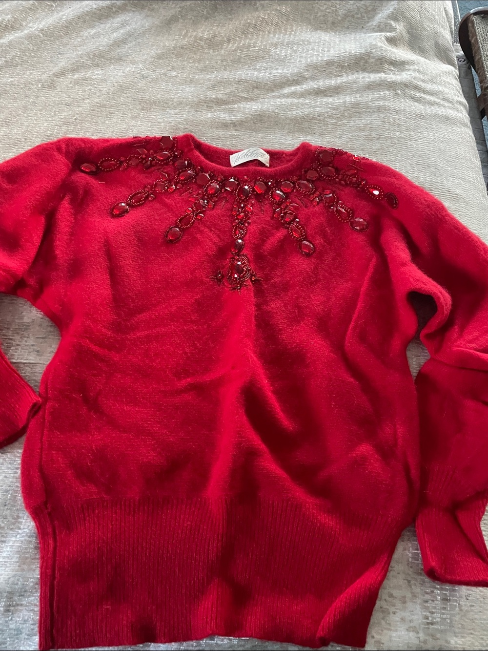 Lord & Taylor Red Beaded Crewneck Sweater